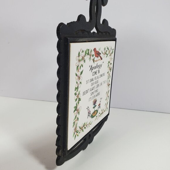 MCM Cast Metal Ceramic Tile Wall Plaque Trivet Vintage Apology Birds Flowers - Picture 5 of 14